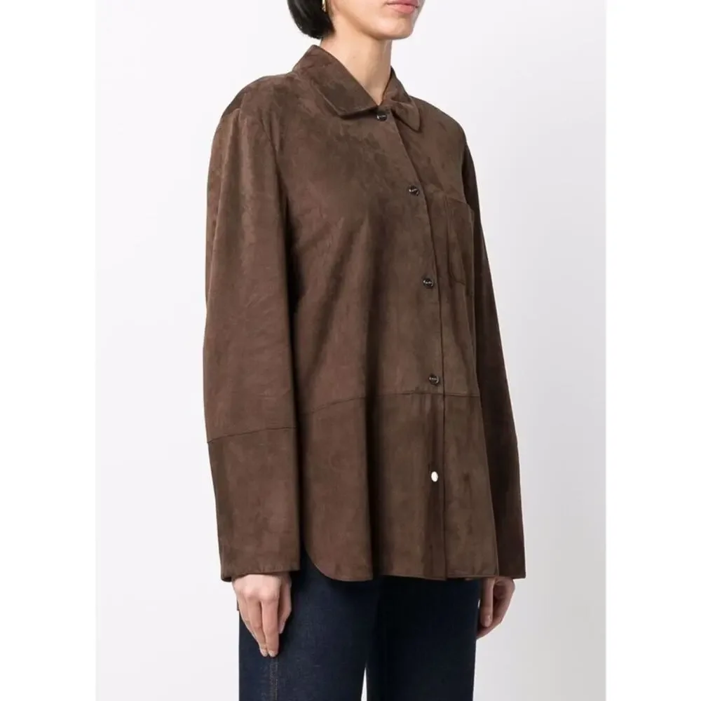 'S MAX MARA Esotico Brown Lamb Leather Suede Shirt Jacket Shacket Saks 4 38 $750 - Picture 2 of 13